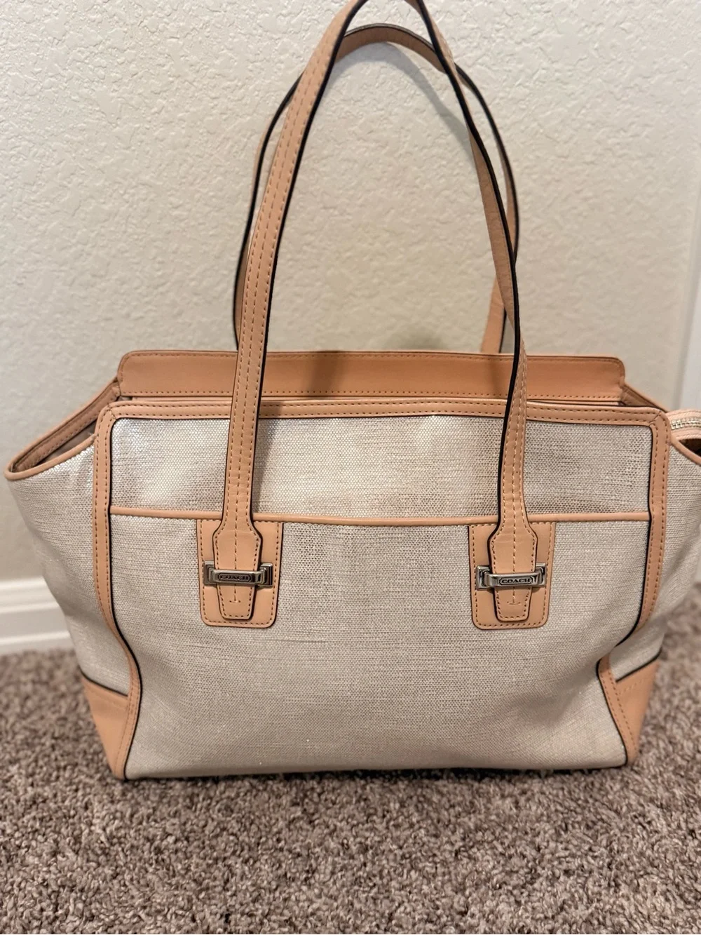 Coach Taylor Carryall Bag Metallic Silver Coated Canvas Camel Tan Leather Tote